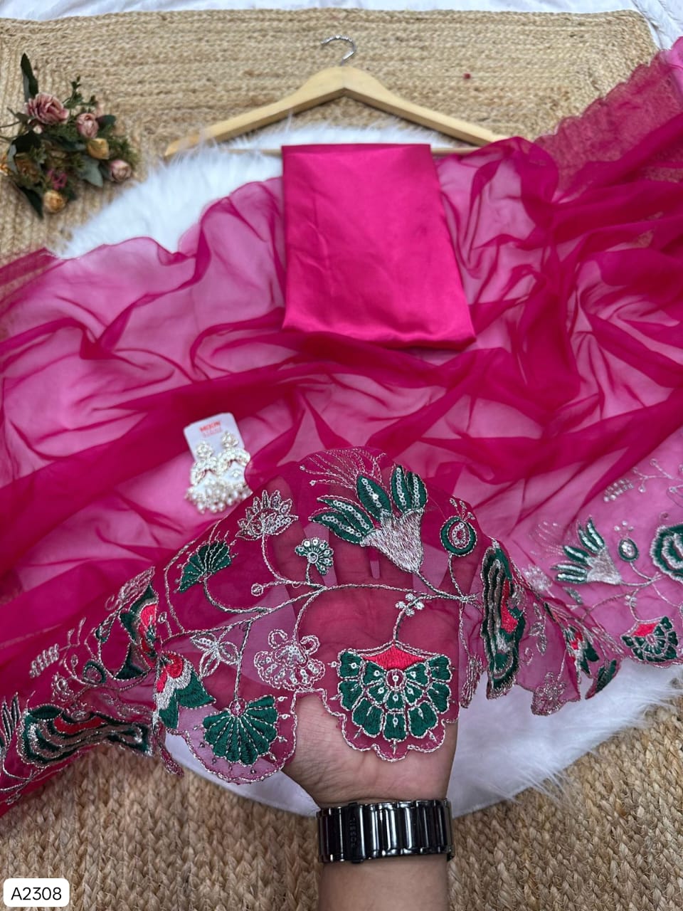 Soft Organza Embroidered Saree with Zari Cutwork Border & Satin Silk Blouse