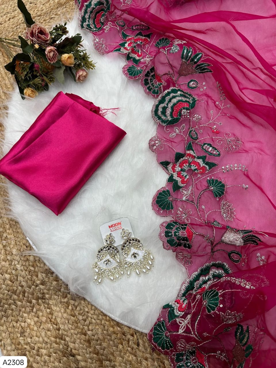 Soft Organza Embroidered Saree with Zari Cutwork Border & Satin Silk Blouse