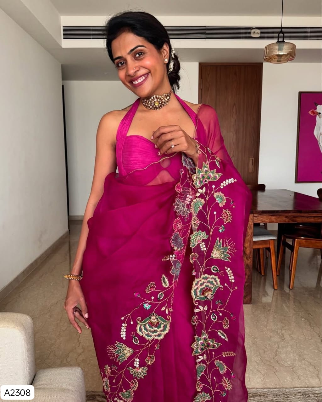 Soft Organza Embroidered Saree with Zari Cutwork Border & Satin Silk Blouse