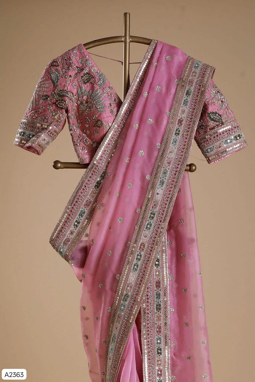 Soft Pink Organza Silk Saree with Multi-Thread Embroidery & Sequin Work