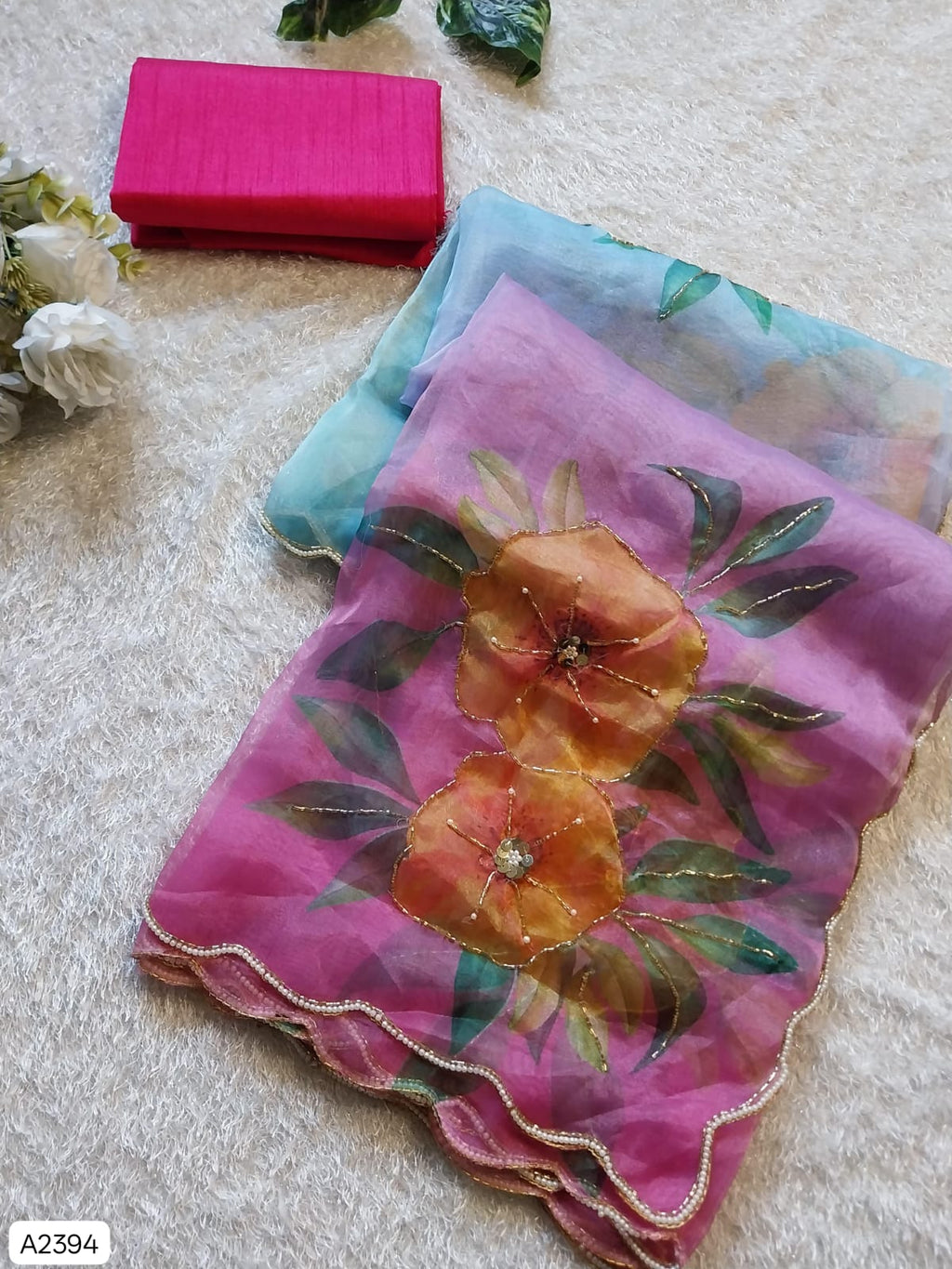 Soft Satin Organza Floral Handprint Saree with Pearl & Sequin Work