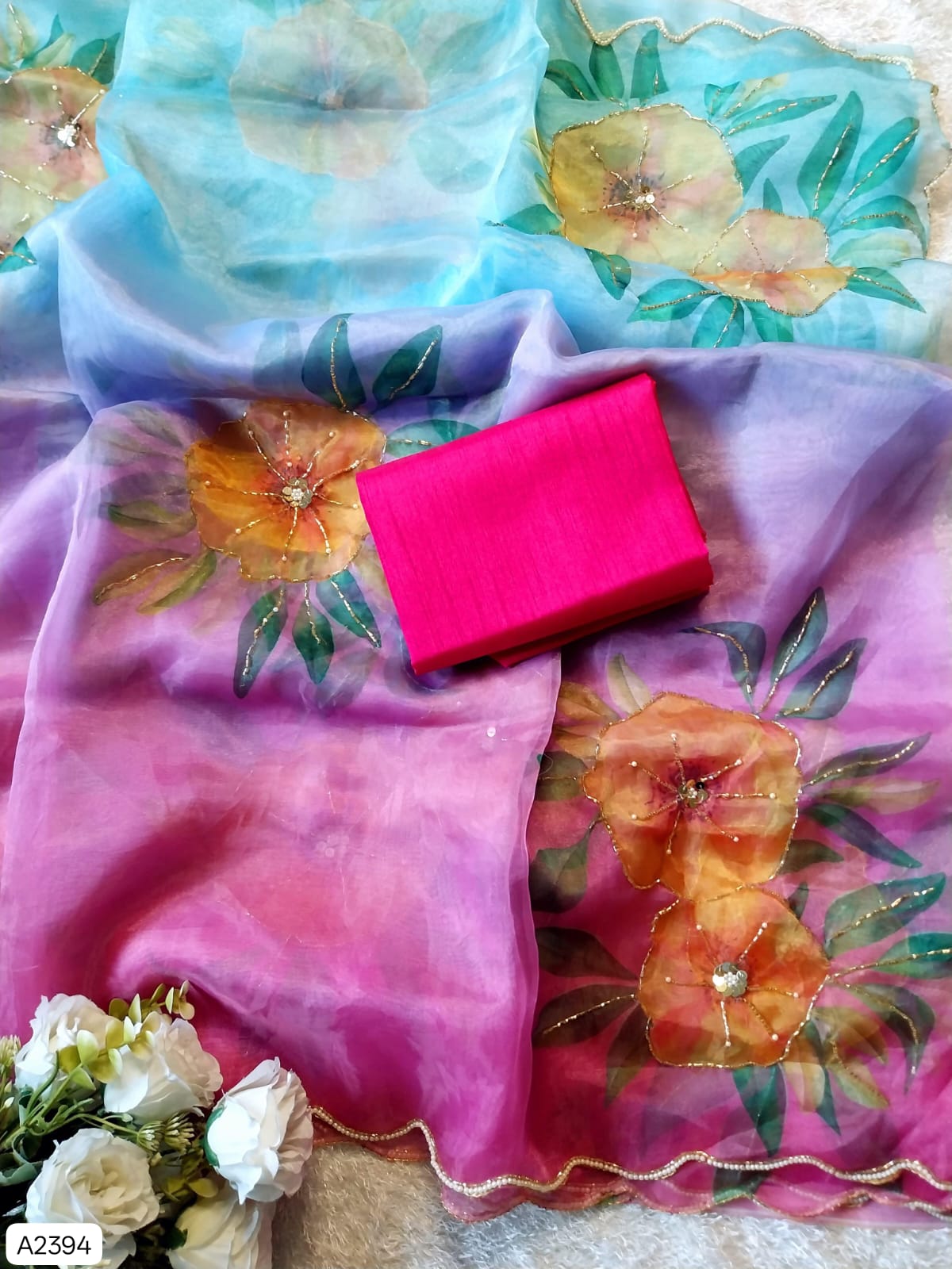 Soft Satin Organza Floral Handprint Saree with Pearl & Sequin Work