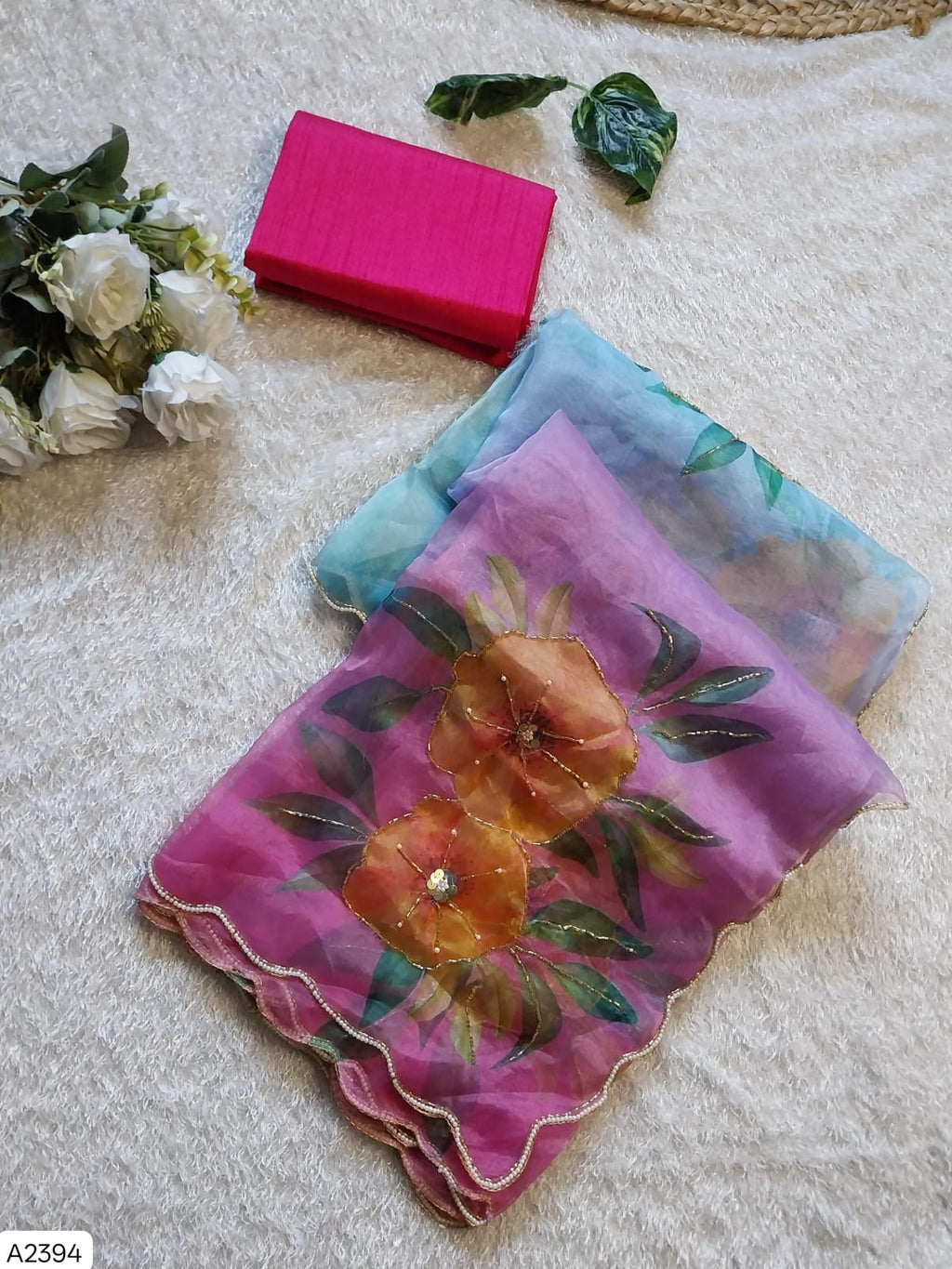 Soft Satin Organza Floral Handprint Saree with Pearl & Sequin Work