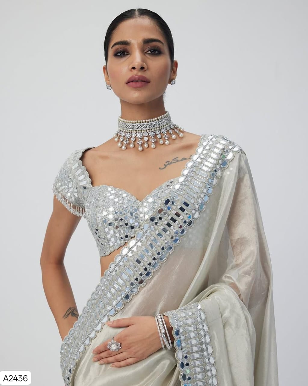 Soft Satin Organza Saree with Real Mirror Work & Stitched Blouse