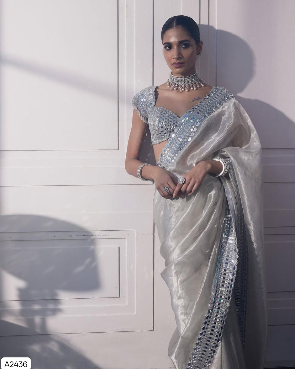 Soft Satin Organza Saree with Real Mirror Work & Stitched Blouse