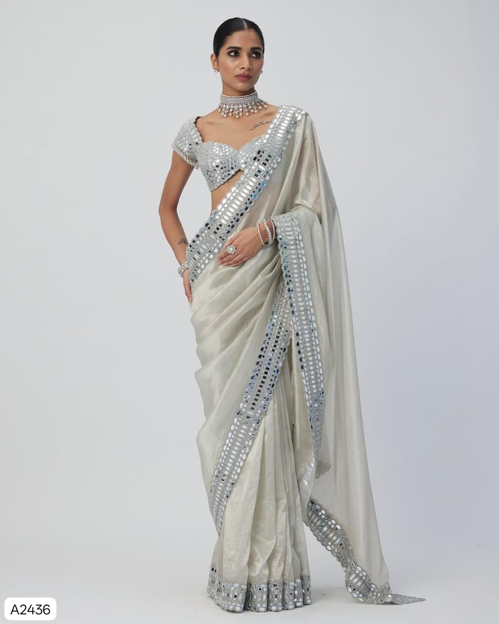 Soft Satin Organza Saree with Real Mirror Work & Stitched Blouse