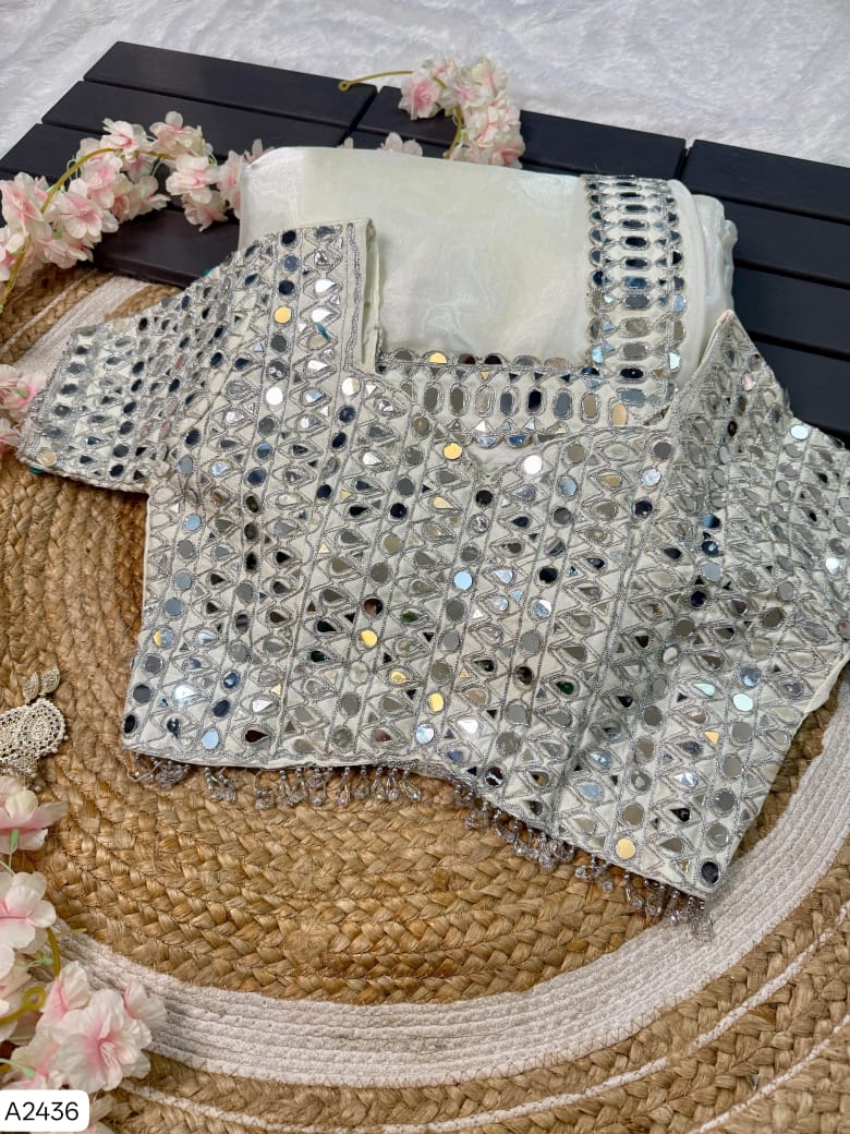 Soft Satin Organza Saree with Real Mirror Work & Stitched Blouse