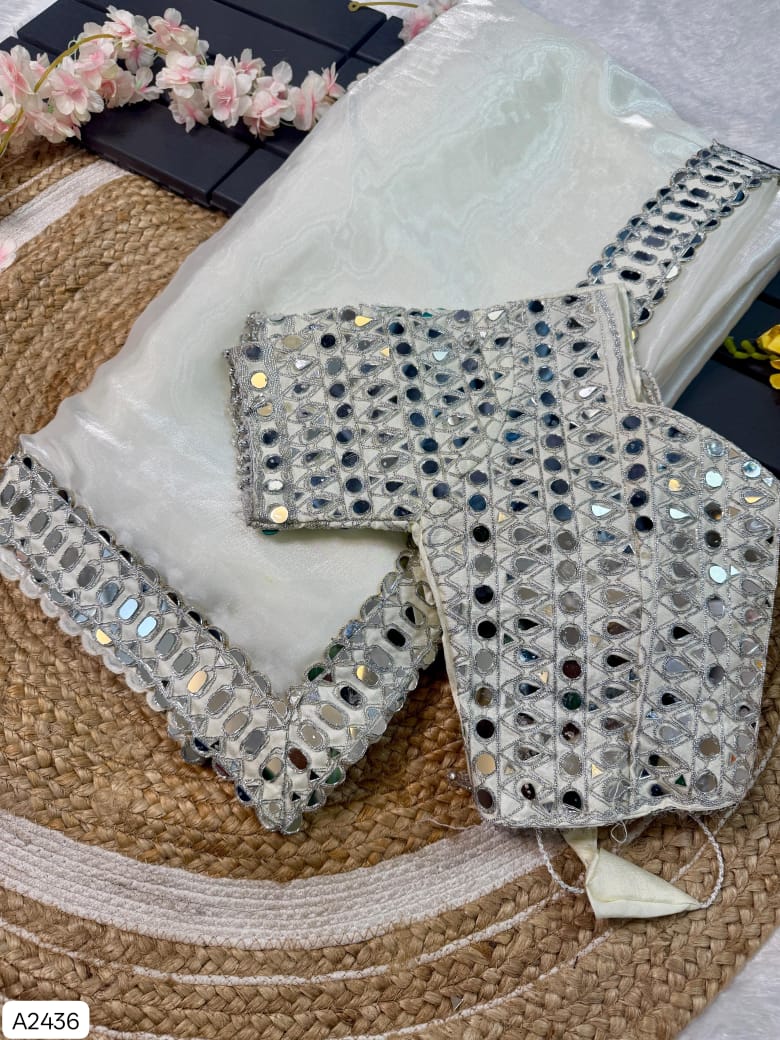 Soft Satin Organza Saree with Real Mirror Work & Stitched Blouse