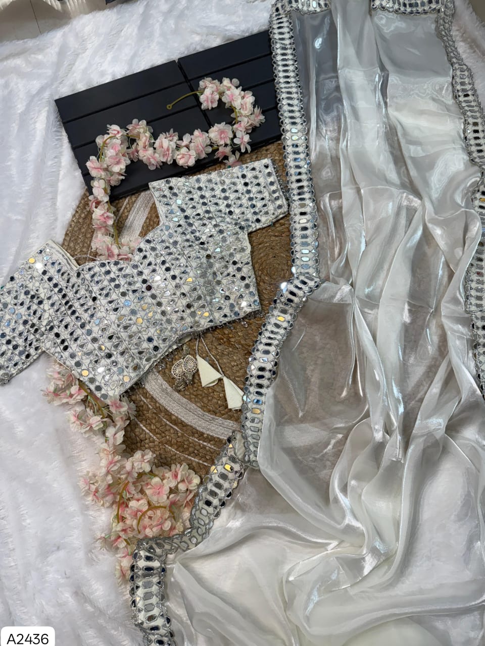 Soft Satin Organza Saree with Real Mirror Work & Stitched Blouse