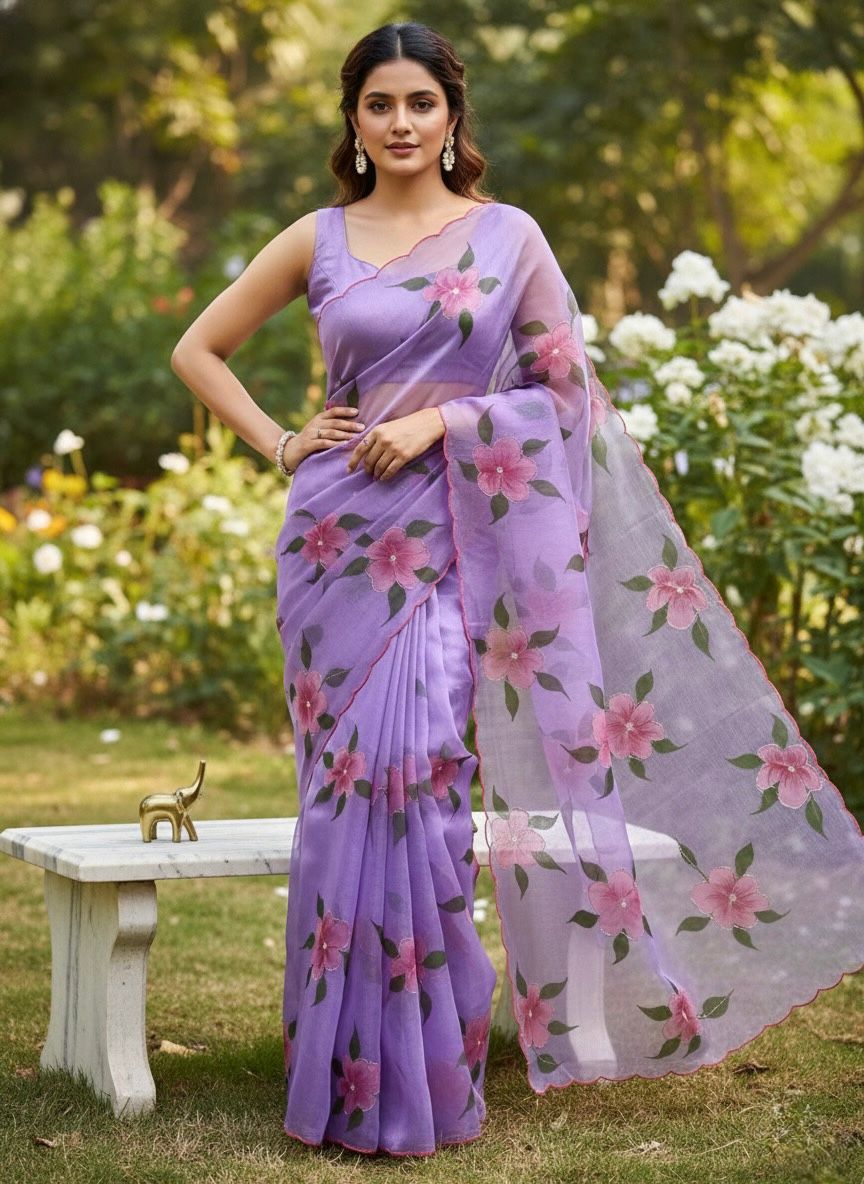 Soft Pure Organza Floral Handwork Cut Dana Saree with Satin Banglori Blouse