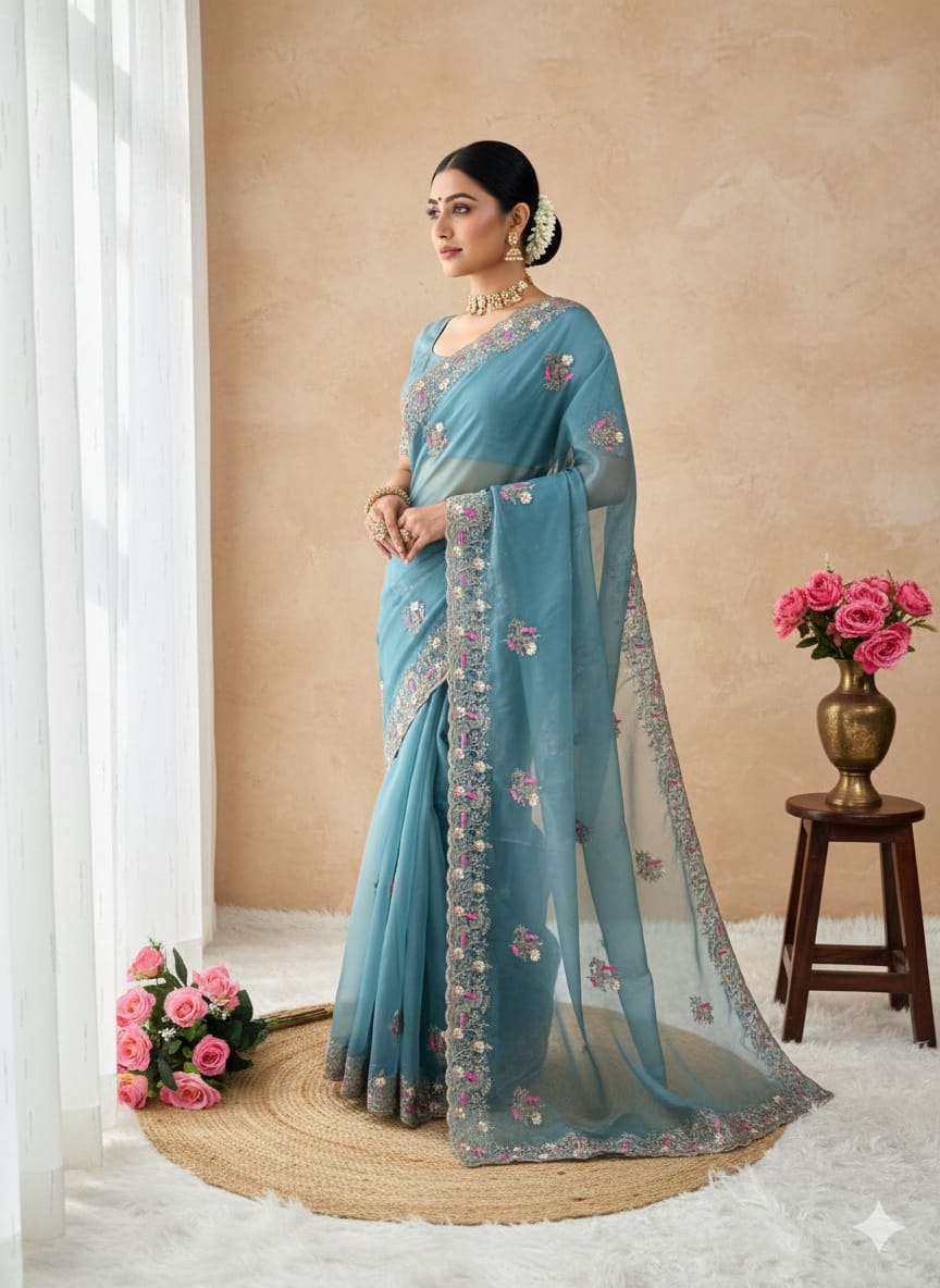 Soft Crystal Organza Saree with Zari Embroidery Border & Butta Work