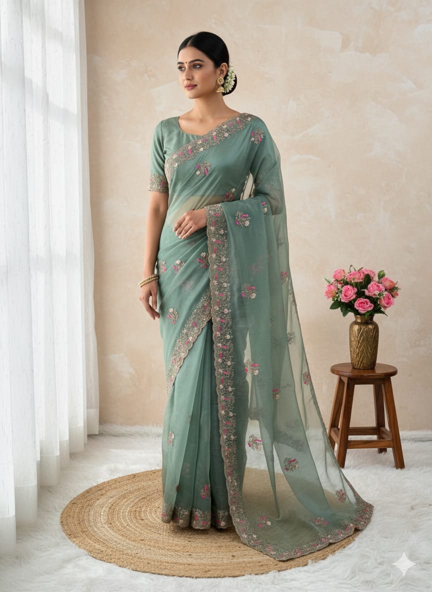Soft Crystal Organza Saree with Zari Embroidery Border & Butta Work