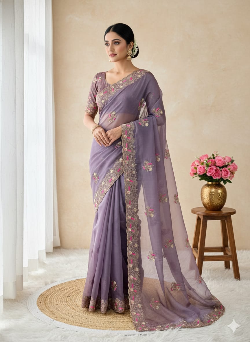 Soft Crystal Organza Saree with Zari Embroidery Border & Butta Work