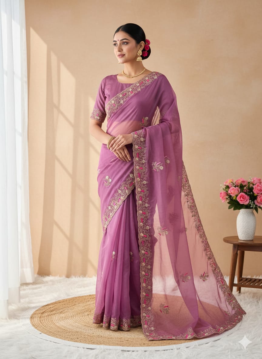 Soft Crystal Organza Saree with Zari Embroidery Border & Butta Work