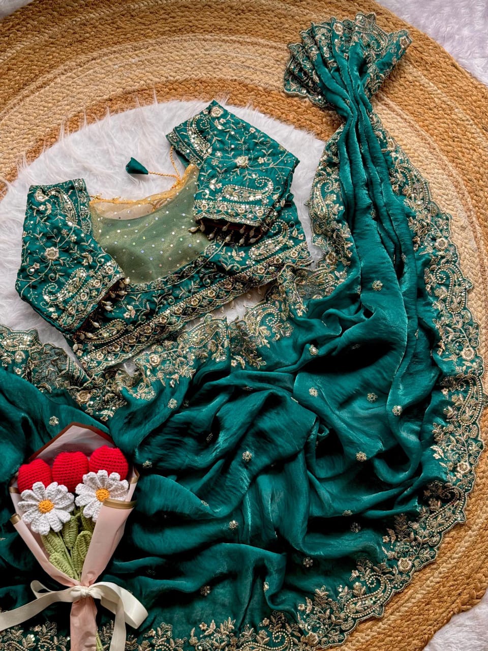 Royal  Soft Satin Saree with Heavy Zari Embroidery & Stitched Designer Blouse