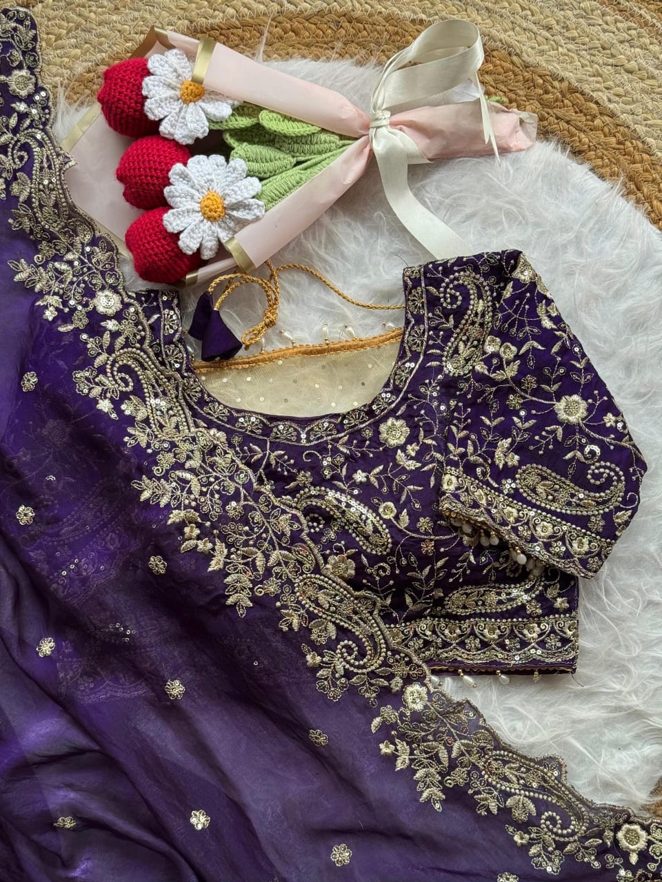 Royal  Soft Satin Saree with Heavy Zari Embroidery & Stitched Designer Blouse