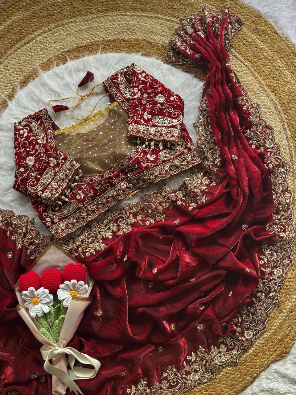 Royal  Soft Satin Saree with Heavy Zari Embroidery & Stitched Designer Blouse