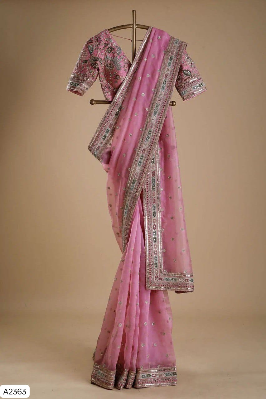 Soft Pink Organza Silk Saree with Multi-Thread Embroidery & Sequin Work