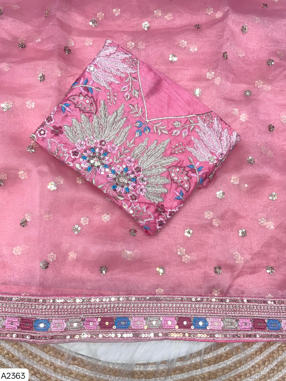 Soft Pink Organza Silk Saree with Multi-Thread Embroidery & Sequin Work