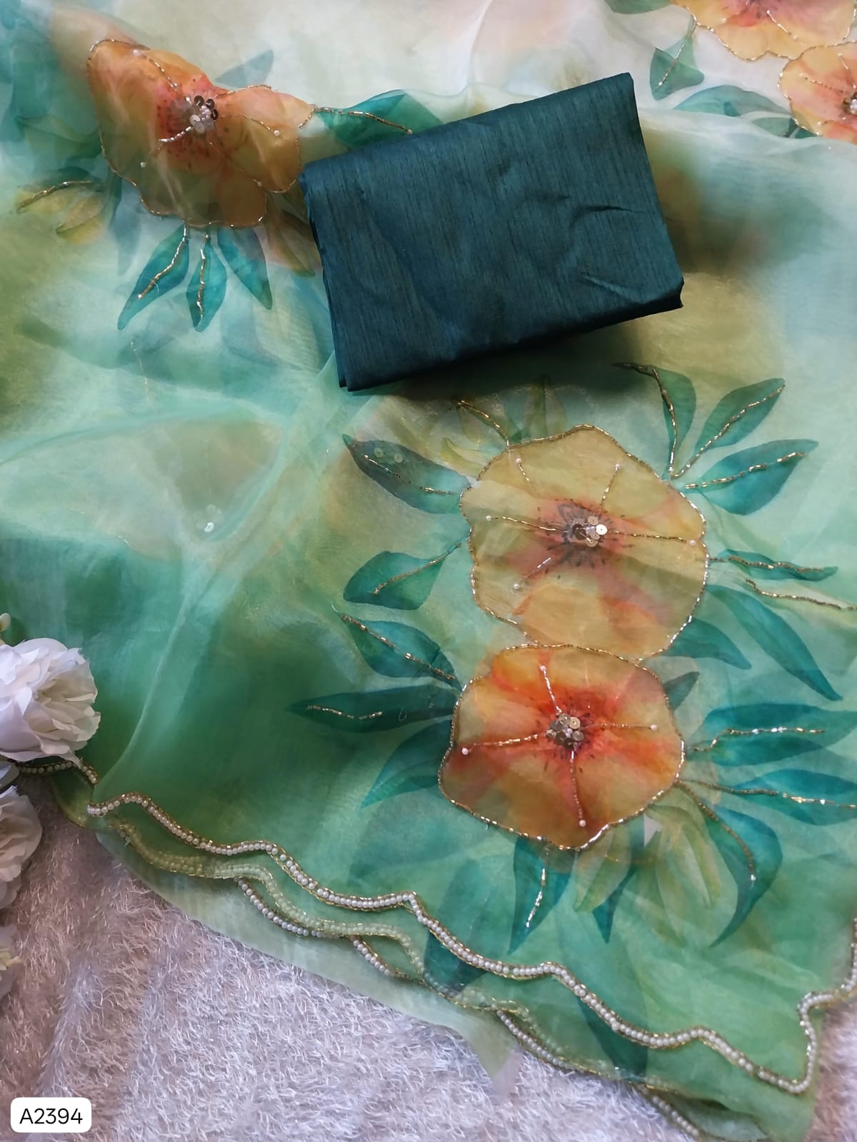 Soft Satin Organza Floral Handprint Saree with Pearl & Sequin Work