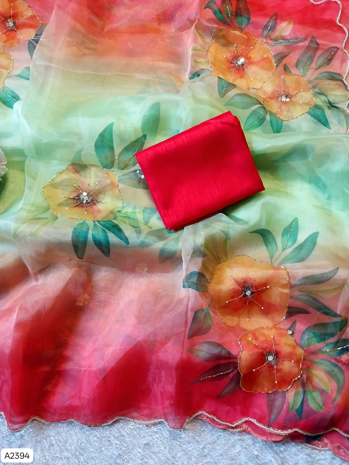 Soft Satin Organza Floral Handprint Saree with Pearl & Sequin Work