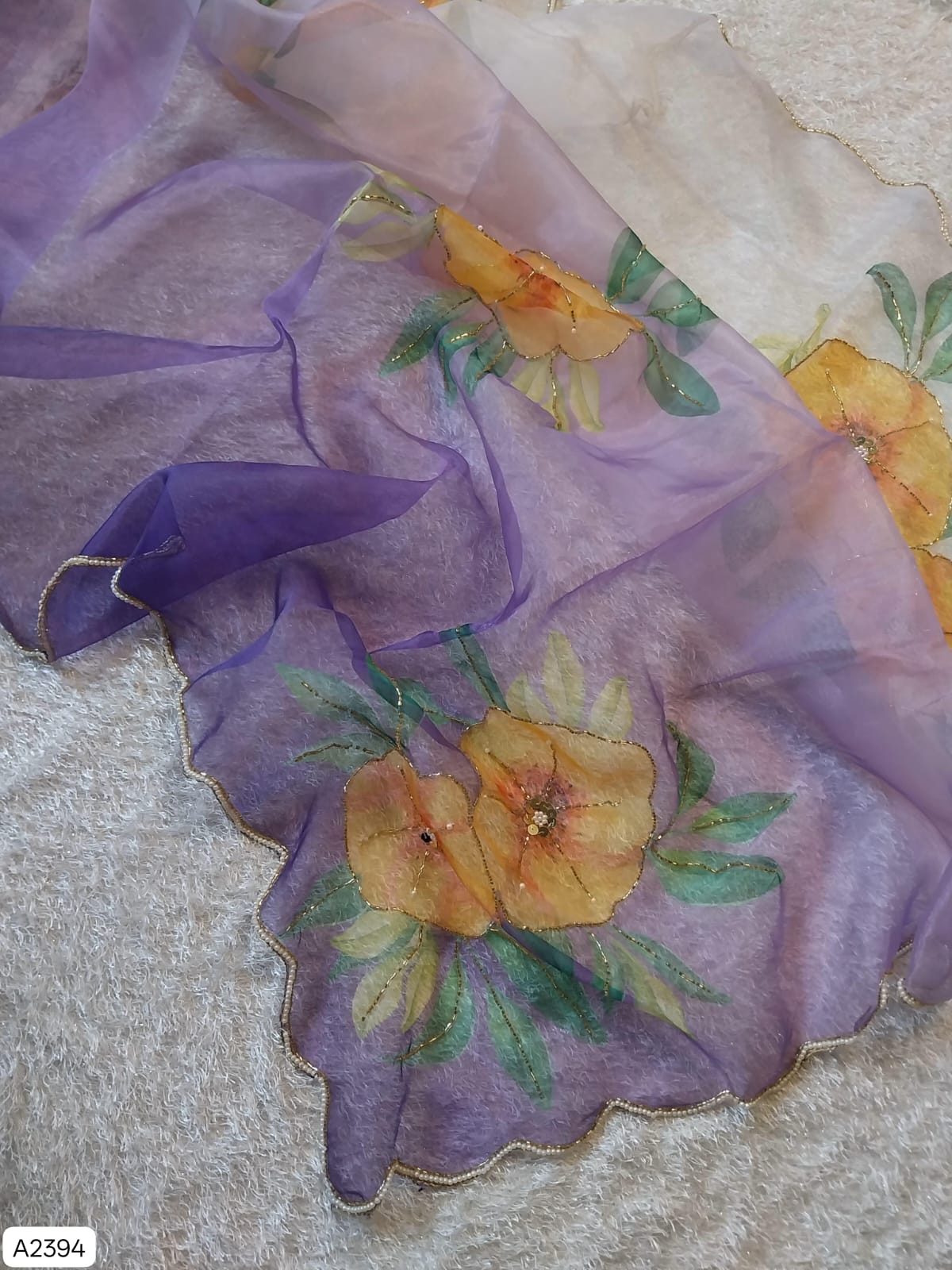 Soft Satin Organza Floral Handprint Saree with Pearl & Sequin Work