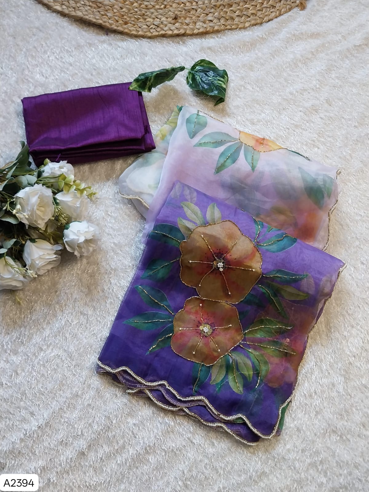 Soft Satin Organza Floral Handprint Saree with Pearl & Sequin Work