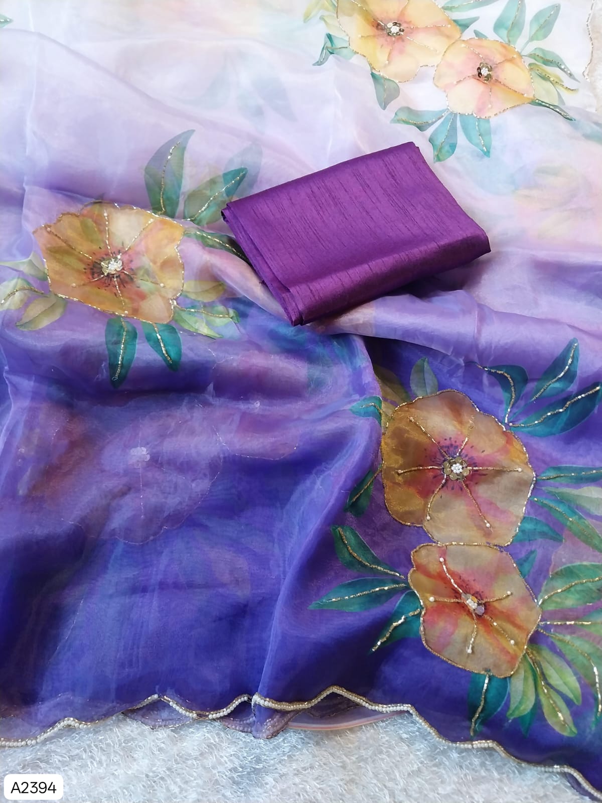 Soft Satin Organza Floral Handprint Saree with Pearl & Sequin Work