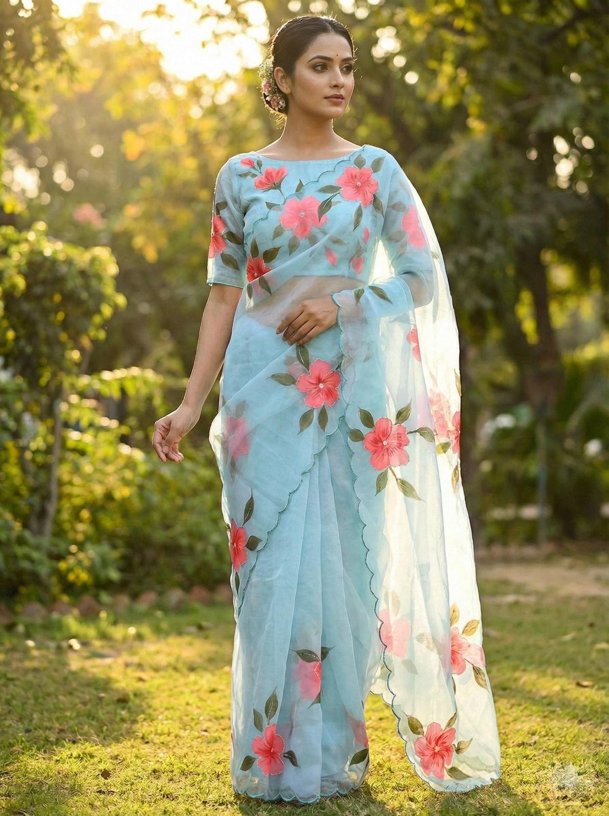 Soft Pure Organza Floral Handwork Cut Dana Saree with Satin Banglori Blouse