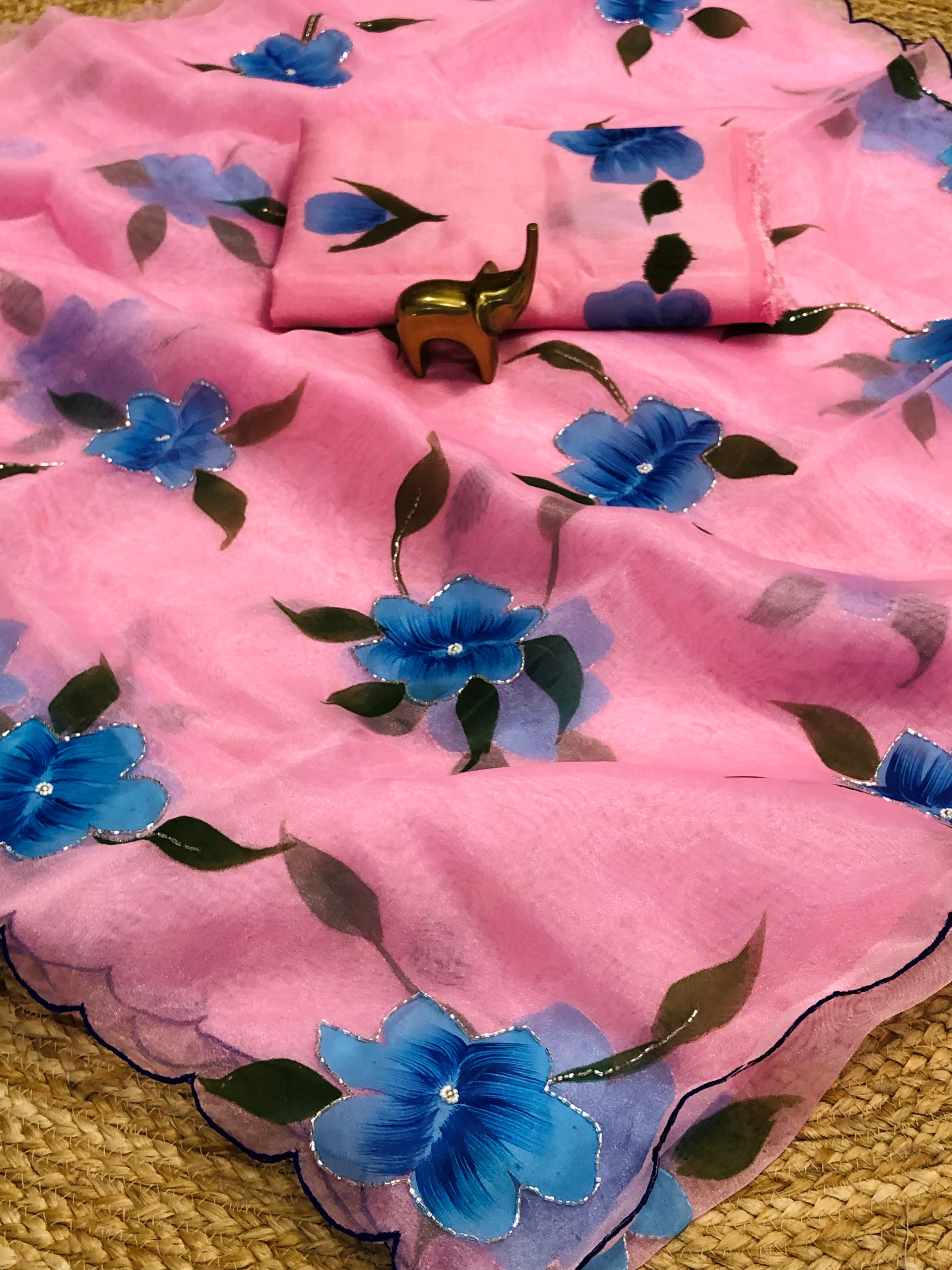 Soft Pure Organza Floral Handwork Cut Dana Saree with Satin Banglori Blouse