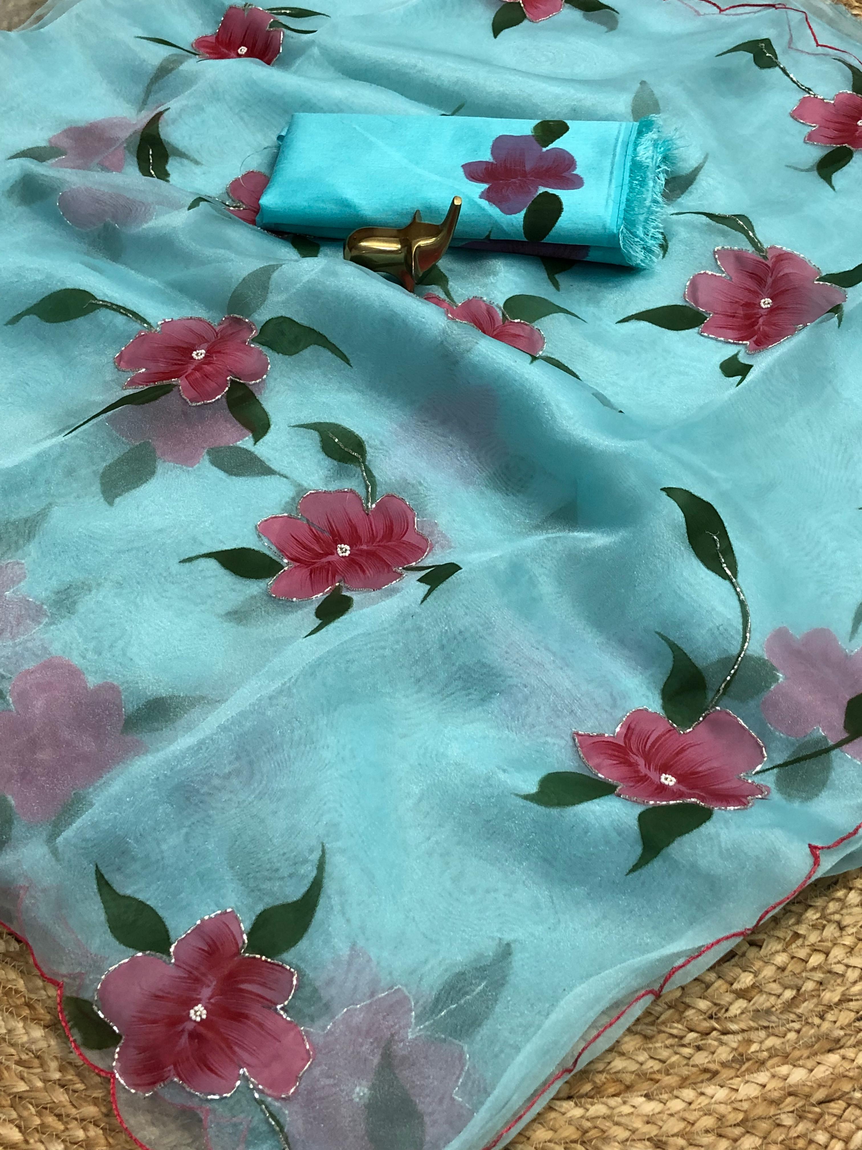 Soft Pure Organza Floral Handwork Cut Dana Saree with Satin Banglori Blouse