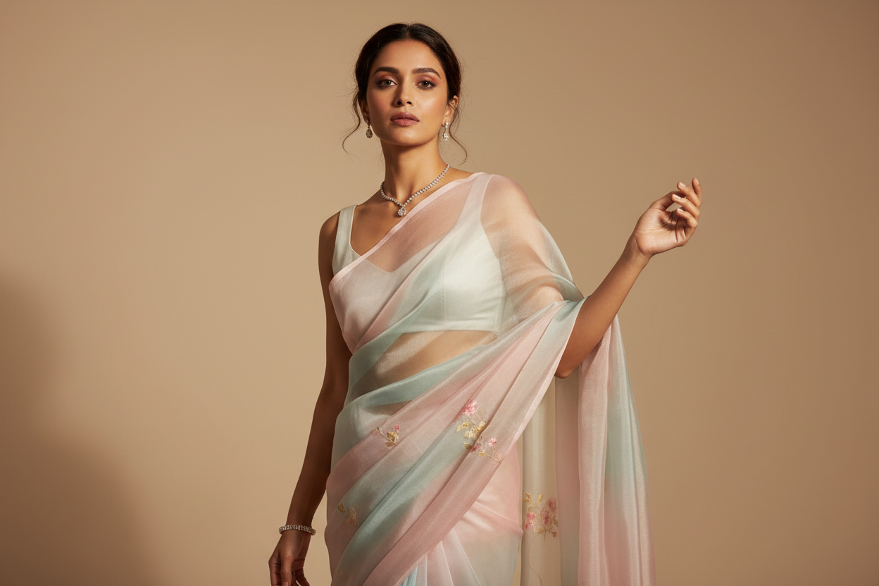 An elegant Indian woman wearing a soft organza saree, minimal jewelry, graceful pose, natural makeup, soft lighting, and a clean neutral background with a premium, timeless aesthetic